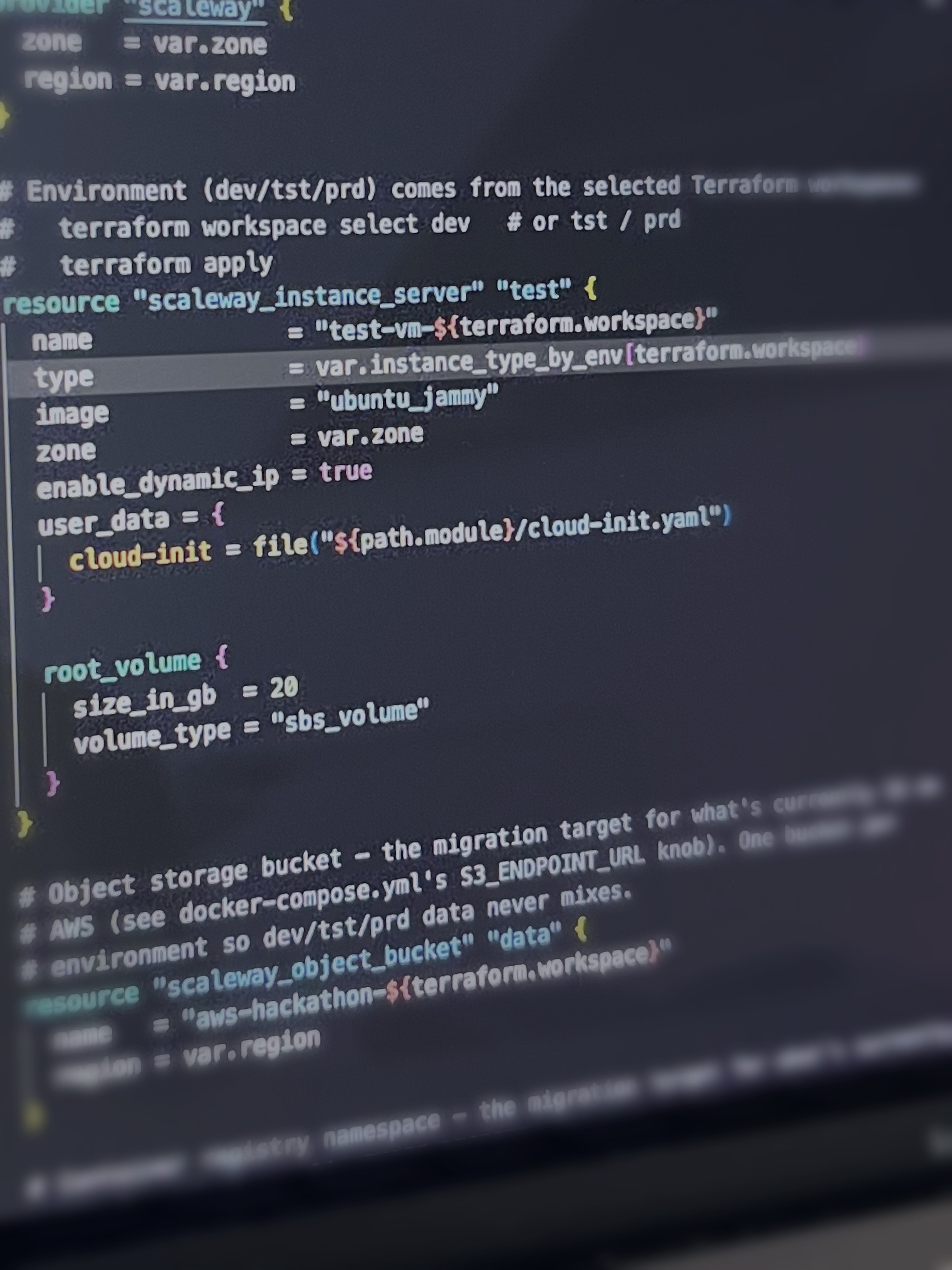 Terraform infrastructure code on a laptop screen